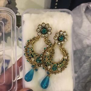 Teal & Antique Gold Indian Costume Earrings